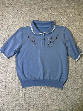 Vintage Light Blue Embroidered Floral Polo Top Size L